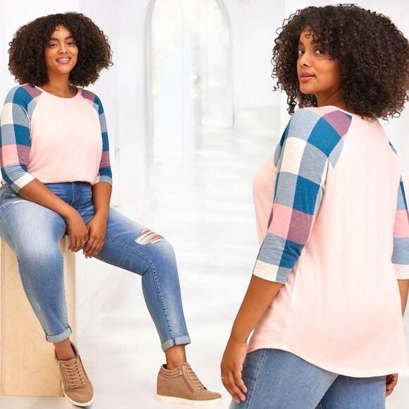 Torrid Pink & Blue Classic Fit Super Soft Slub Crew Neck Raglan 3/4 Sleeve 3XL - Picture 1 of 10